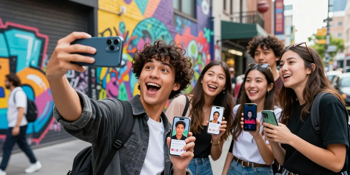 Excited person using smartphone to discover celebrity i look like in urban setting.