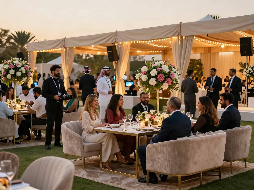 Event rental ksa showcasing elegant outdoor event setup with premium furniture and lighting for a luxurious atmosphere.