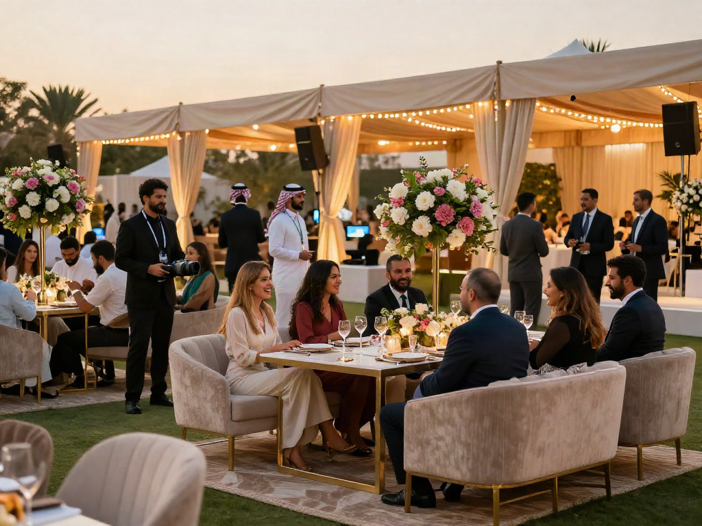 Event rental ksa showcasing elegant outdoor event setup with premium furniture and lighting for a luxurious atmosphere.