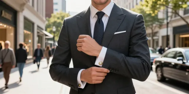 Elegant gold cufflinks on a stylish man adjusting his cuffs in an urban setting.