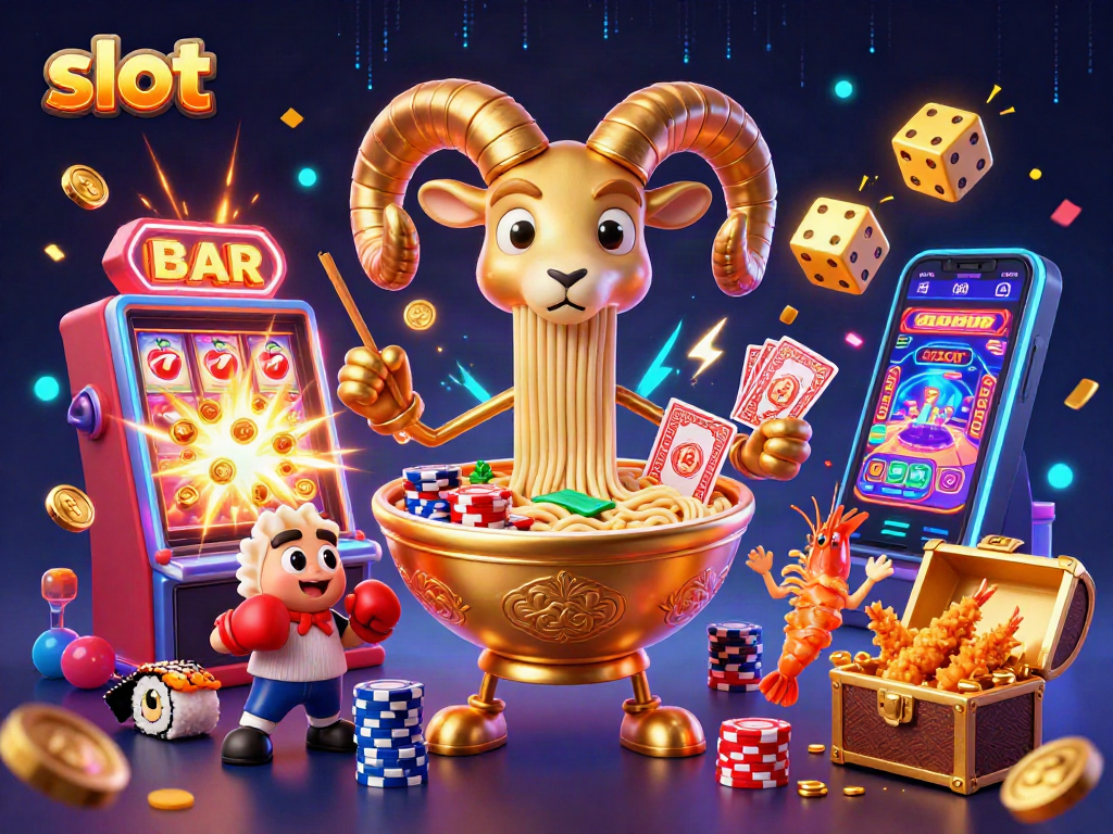 Engage in thrilling slot gameplay with a golden ramen bowl dealer amid a jackpot explosion.
