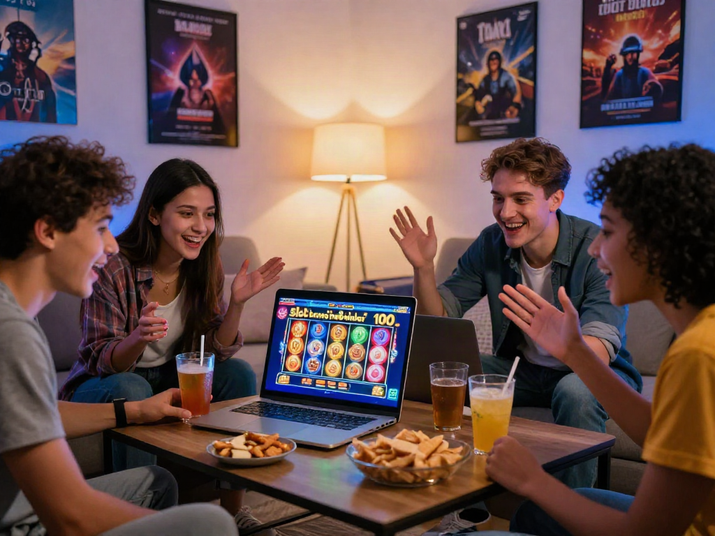 Group of friends enjoying an online casino with a slot bonus new member 100 promotion displayed on laptop screen.