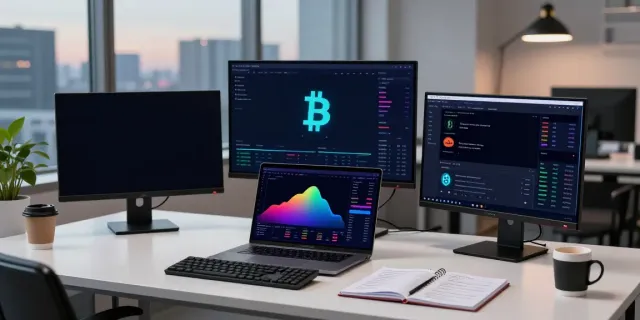 Professional crypto trading workspace showcasing 数字货币行情接口 with live market data, trading charts, and digital wallet on screens.