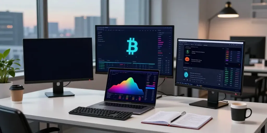 Professional crypto trading workspace showcasing 数字货币行情接口 with live market data, trading charts, and digital wallet on screens.