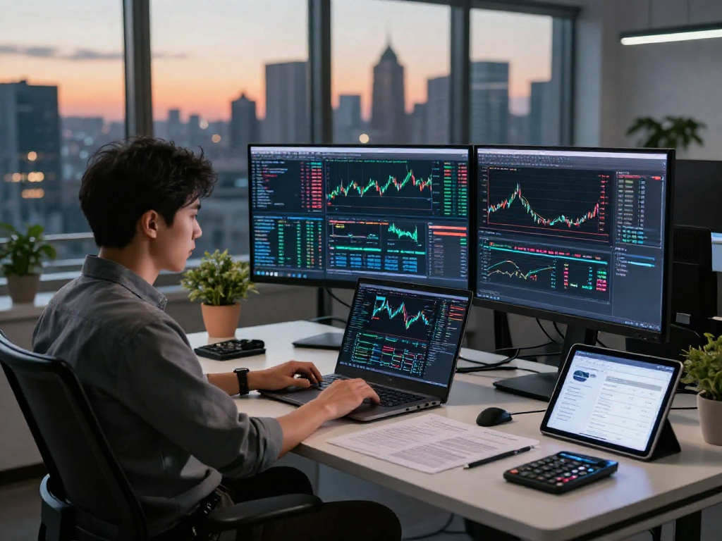Dynamic TradingView workspace with analyst focused on multiple monitors analyzing real-time market data and coding strategies in modern office.