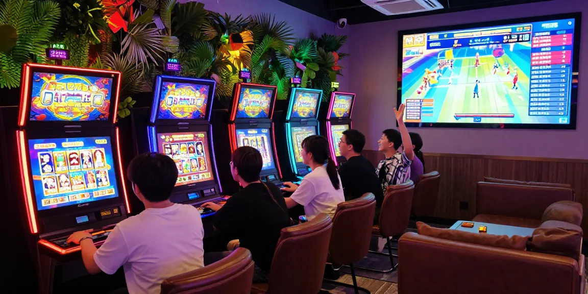 Exciting gaming lounge atmosphere with players enjoying slot jepang machines and vibrant animations.