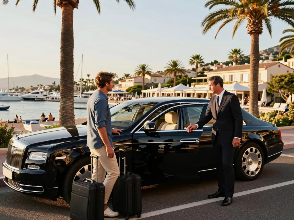 Service de taxi de luxe à Saint-Tropez avec chauffeur et couple élégant. Taxi St Tropez.