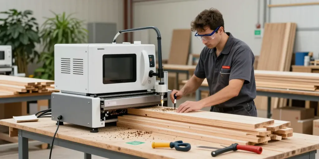 Technician using SHASHEL® microwave equipment in modern wood workshop for insect elimination.