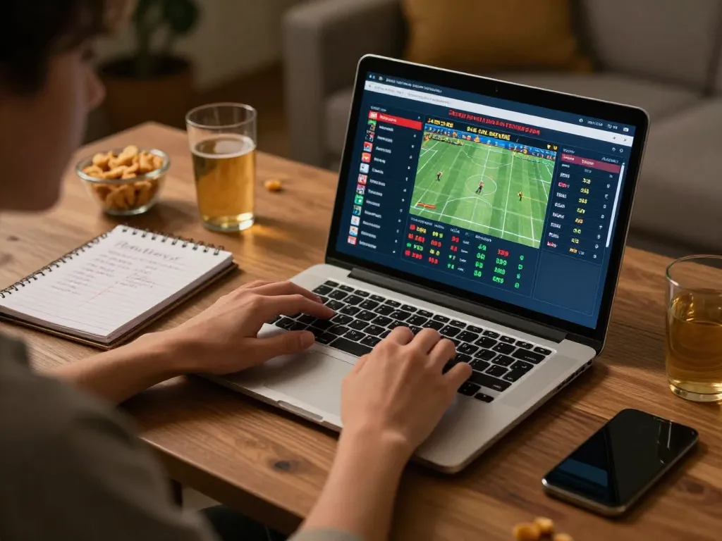 uu 88 player engaging in sports betting from home, showcasing laptop with live odds and strategies