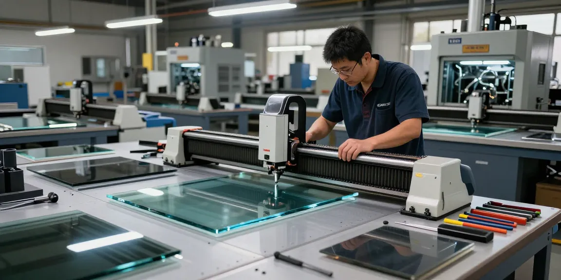 Technician using a glass cutting table in a high-tech industrial workshop, showcasing precision in glass processing.