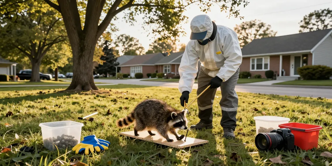 Raccoon Removal Toronto: technician safely captures raccoon in suburban backyard, highlighting wildlife control professionalism.