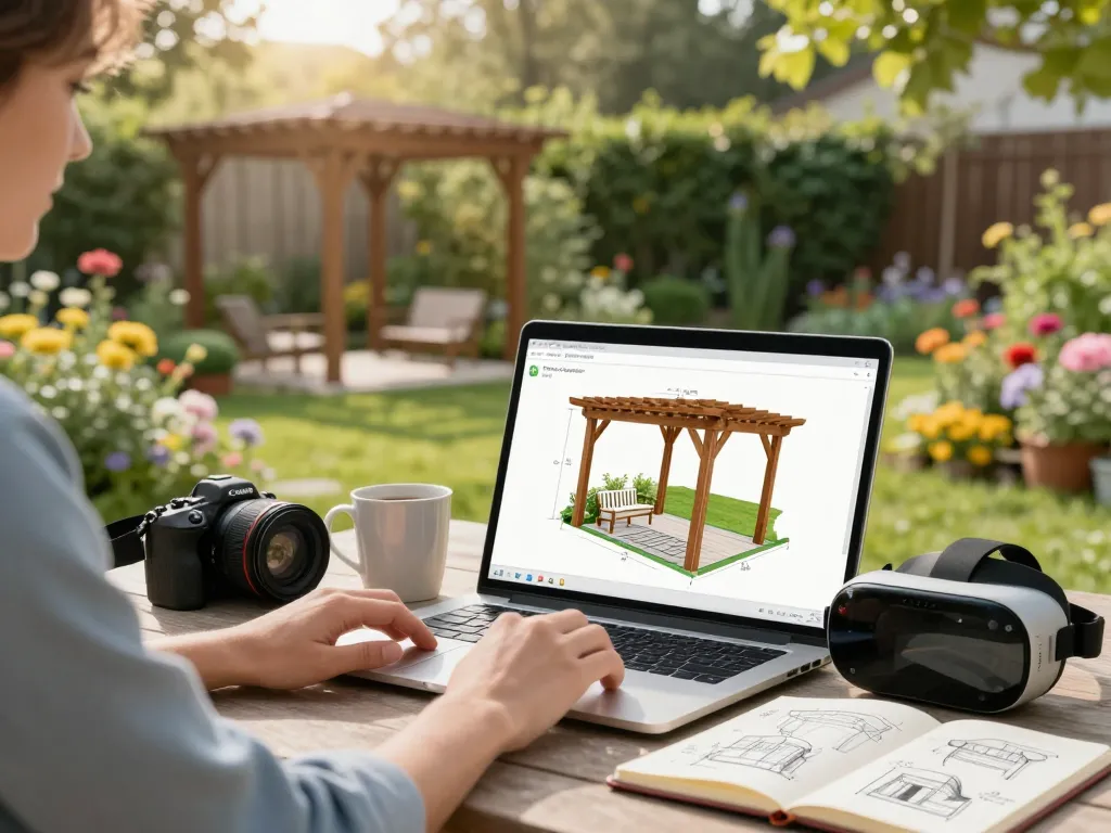 A user's engaging interaction with a 3D Pergola Configurator in a vibrant outdoor garden setting, showcasing customization options for pergola design.