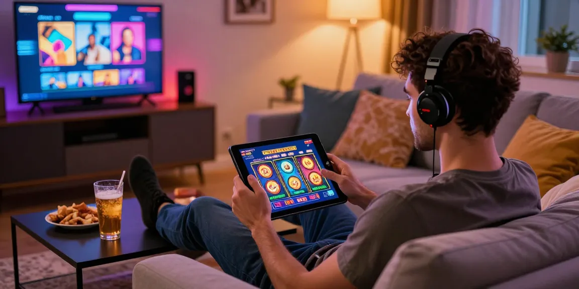 Scena emozionante di un giocatore che si diverte con i giochi dei casinò non AAMS su un tablet in un ambiente domestico vivace.