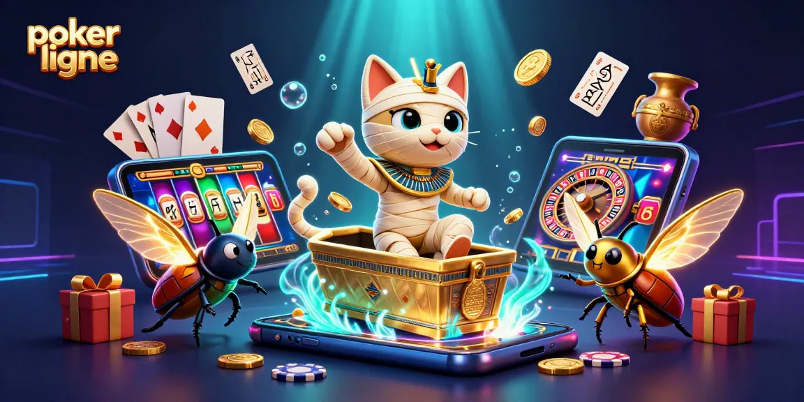 Participez à des jeux de poker en ligne avec une illustration captivante mettant en scène un chat momie égyptien et un scarabée dans un casino.
