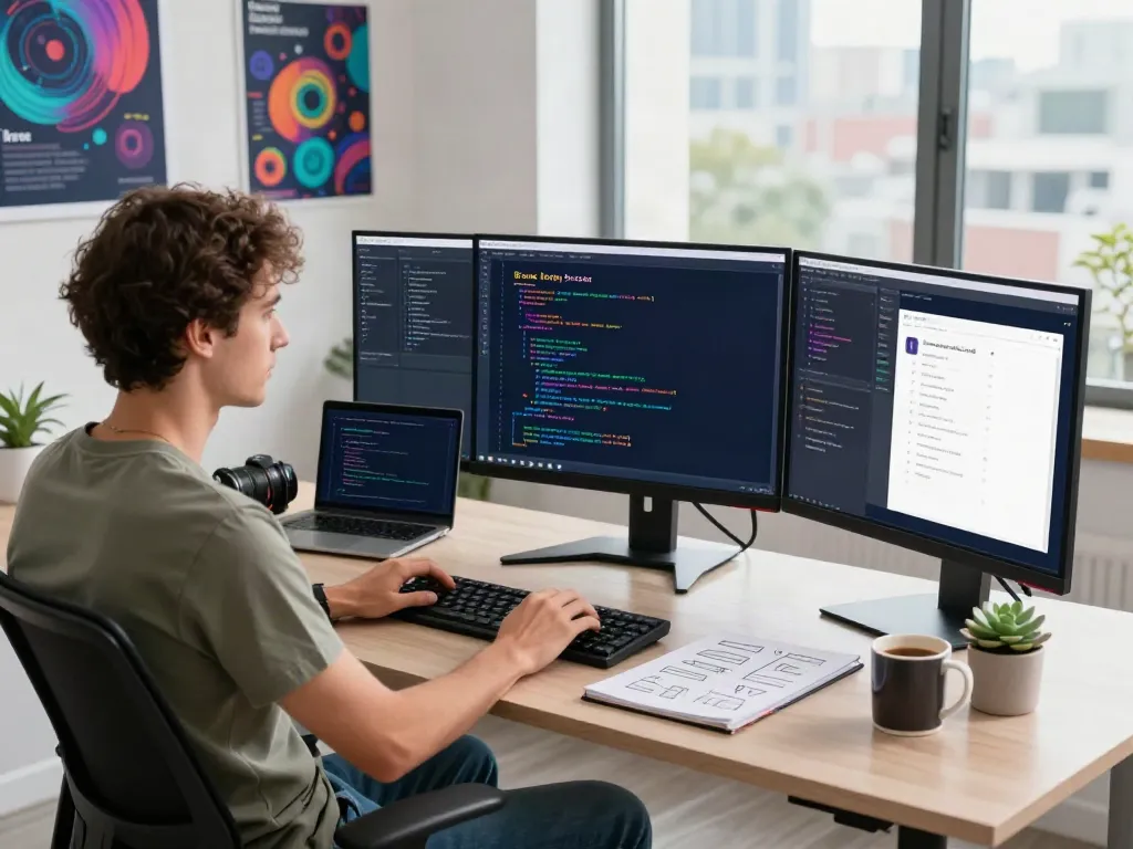Developer coding for Brave browser in a modern tech workspace.