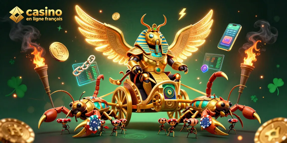 Découvrez le monde des jeux au casino en ligne français avec un scarabée d'or géant et des jetons de poker.