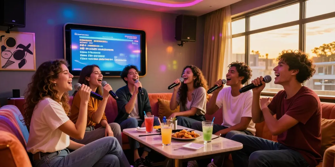 Exciting karaoke night at 강남노래방 with friends singing and enjoying drinks in a lively atmosphere.