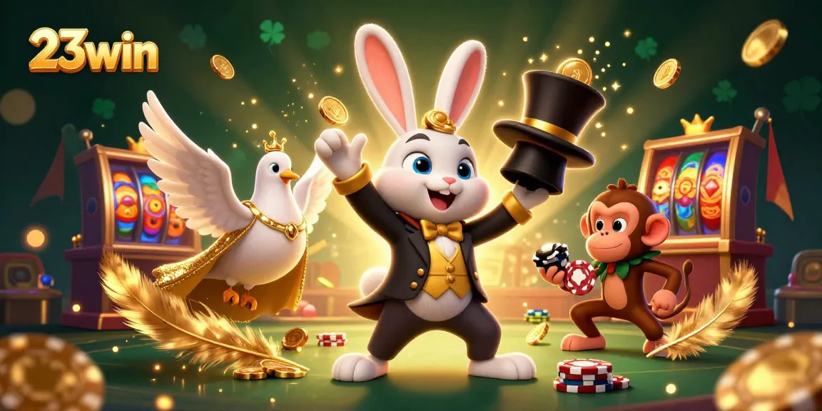 Experience the thrill at 23win with a magical scene featuring a rabbit, dove, and monkey in a glimmering casino world.