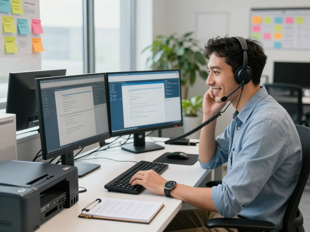 IT support specialist providing assistance at https://contact.rokok88.org with detailed monitoring equipment and cozy office environment