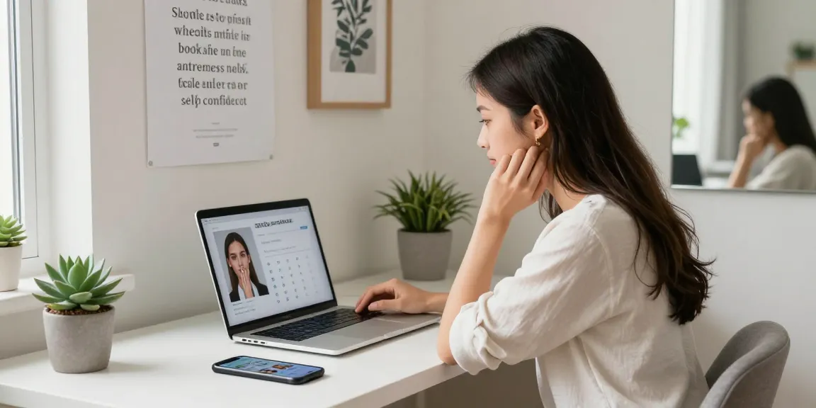 Analyzing the test of attractiveness results on a laptop while reflecting on beauty.