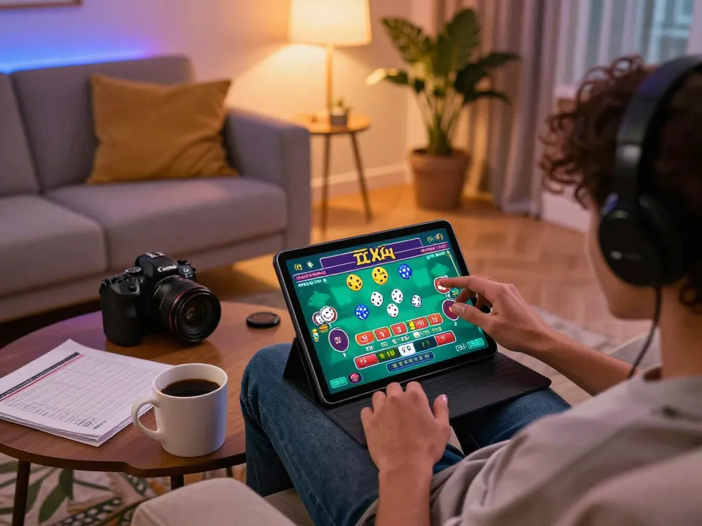 Tài xỉu online gameplay scene with player cheering for winning dice rolls in a cozy home setting