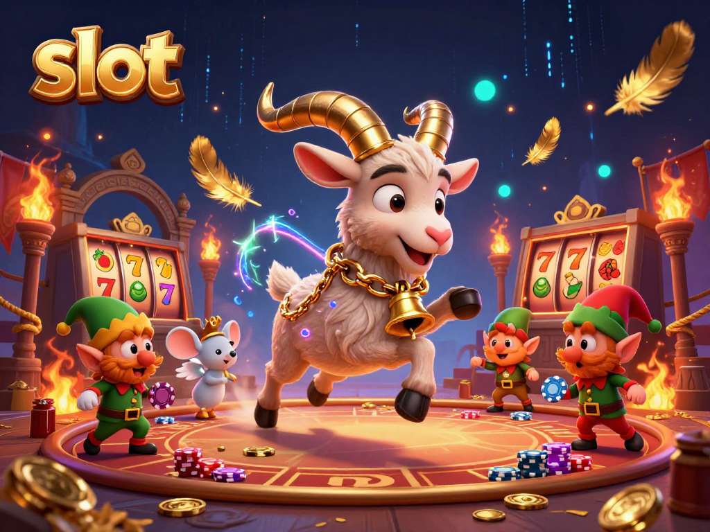 Engage in exciting slot games in a festive scene with 3D characters and casino elements