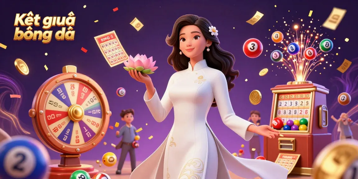 Kết quả bóng đá displayed dynamically amid a celebratory 3D scene of colorful lottery elements and an elegant Vietnamese character.