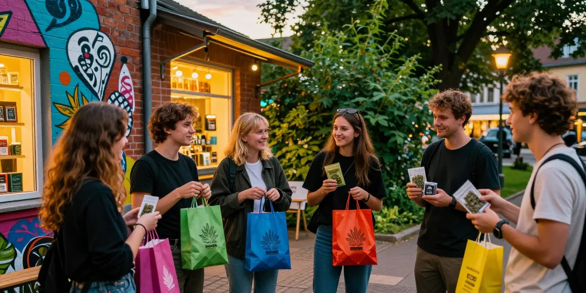 Can I Buy Marijuana In Germany? – Weed Kaufen In Deutschland: Friends celebrating with cannabis products in an urban marketplace.