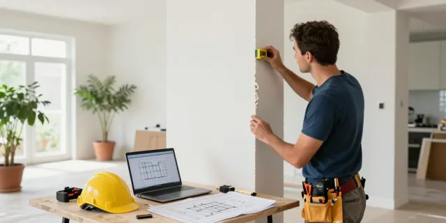 MJ Renovatie Nederland - Aannemer inspecteert draagmuur met tools in moderne woning.