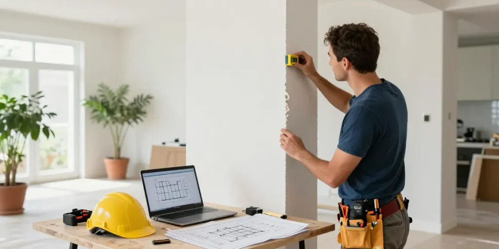 MJ Renovatie Nederland - Aannemer inspecteert draagmuur met tools in moderne woning.