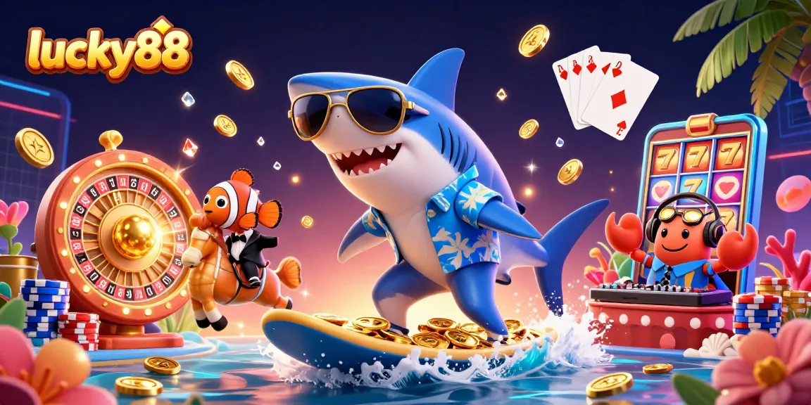 Immerse in the excitement of lucky88 as a shark surfs on coins in a dynamic casino scene.