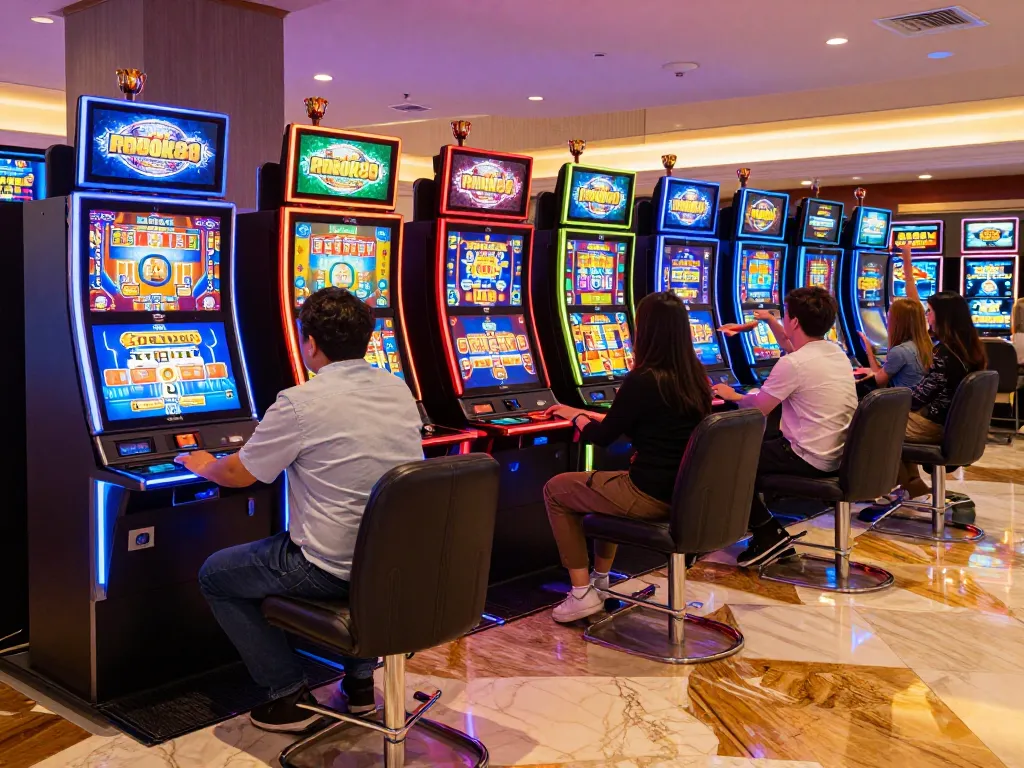 Pemain menikmati keseruan mesin slot rokok88 di lingkungan kasino yang penuh warna.