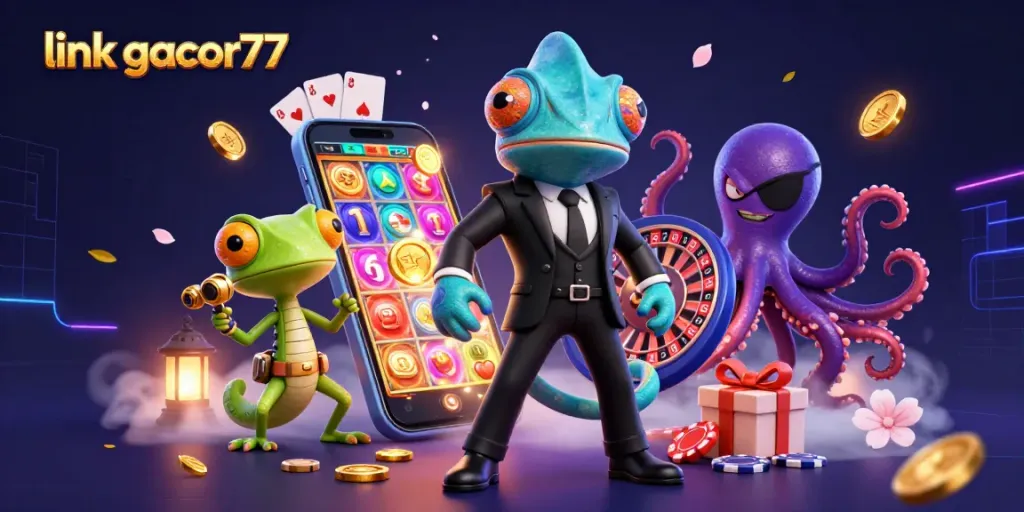 Menghadirkan keseruan bermain slot dengan link gacor77, chameleon rahasia 3D dalam balutan jas hitam dan gecko berteknologi canggih.