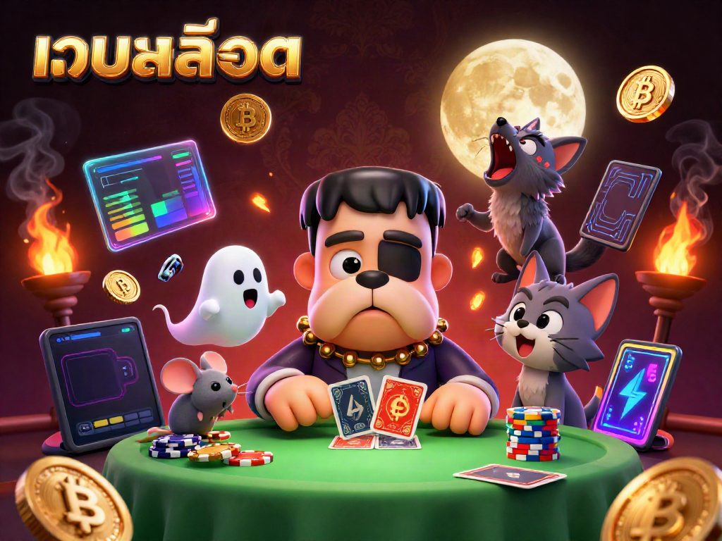 Engaging scene of a 3D cartoon Frankenstein bulldog dealer at a spooky table capturing เว็บสล็อต action.