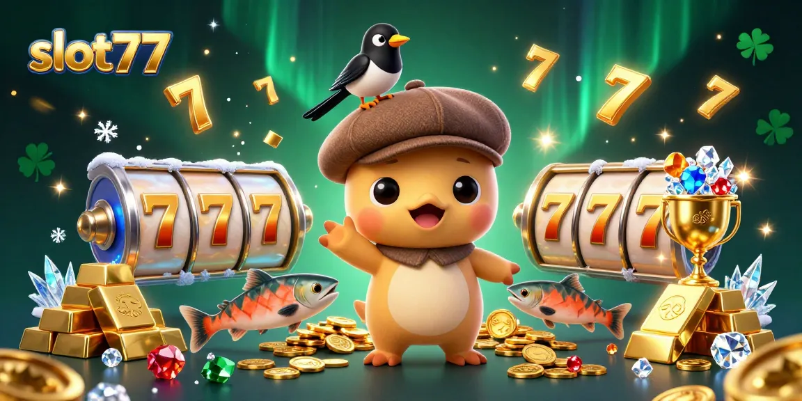 Spin slot77 reels and win big with cute characters in a vibrant casino scene filled with treasures.