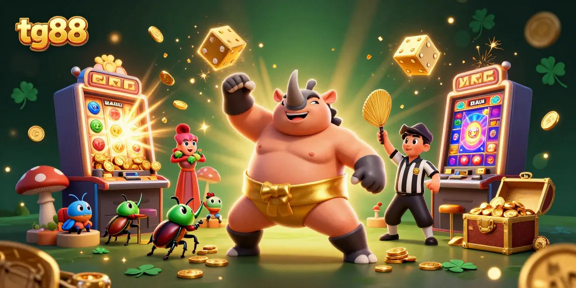 Experience tg88's thrilling casino atmosphere with a cartoon rhinoceros beetle champion amid gold coins and slot machines.