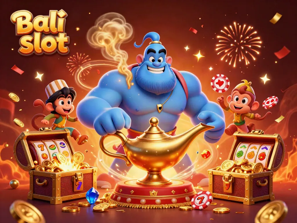 Experience thrilling wins at Bali slot with colorful 3D characters and a dynamic casino scene.