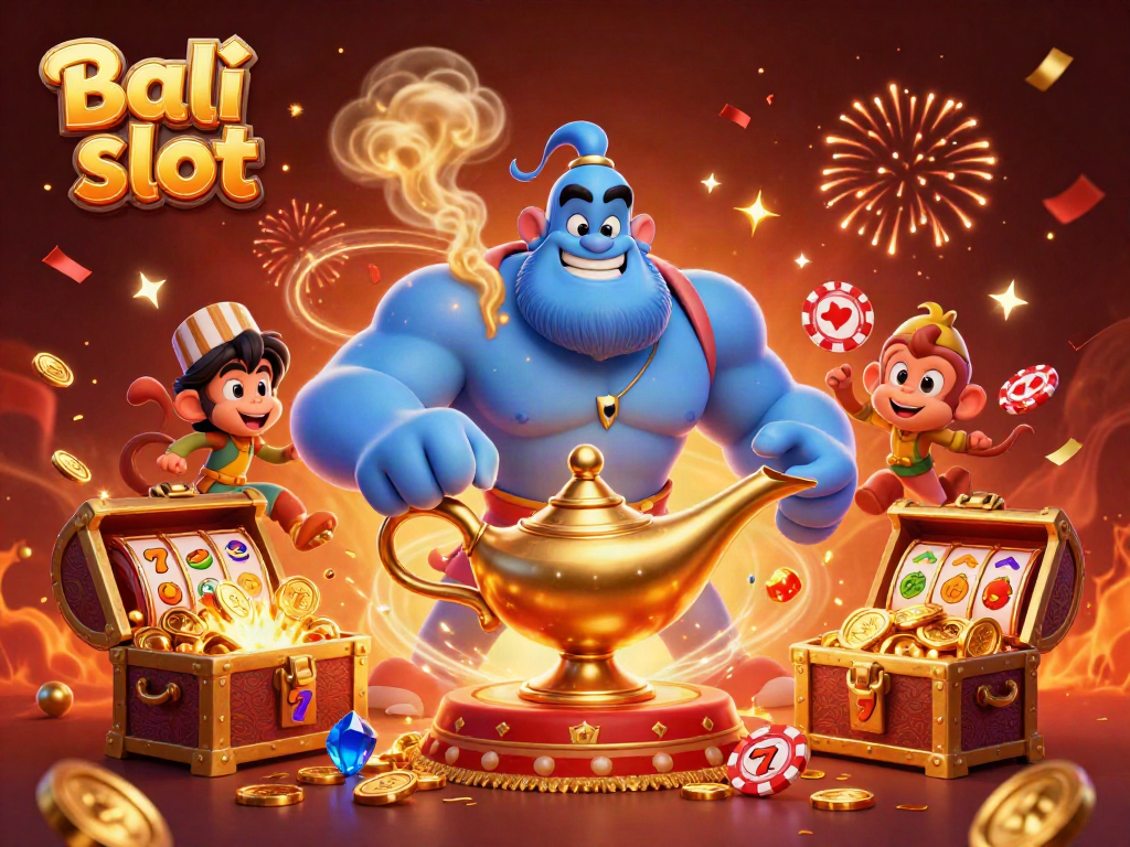 Experience thrilling wins at Bali slot with colorful 3D characters and a dynamic casino scene.