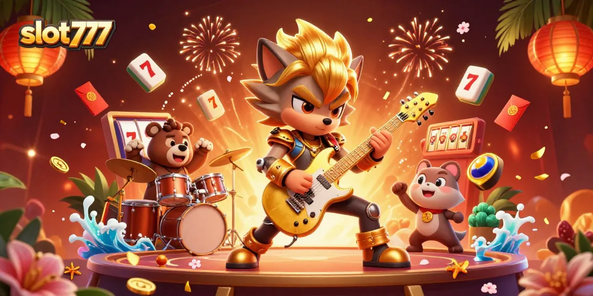 Experience thrilling action with slot777 as a wolf rock star performs on stage amidst vibrant casino elements.