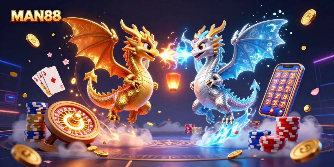 Engage with MAN88's vibrant gaming experience featuring animated dragons amidst cascading coins and dynamic casino elements.