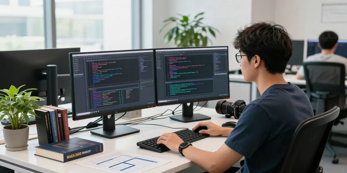 NAGA2000 software developer engaging with code in a modern office.