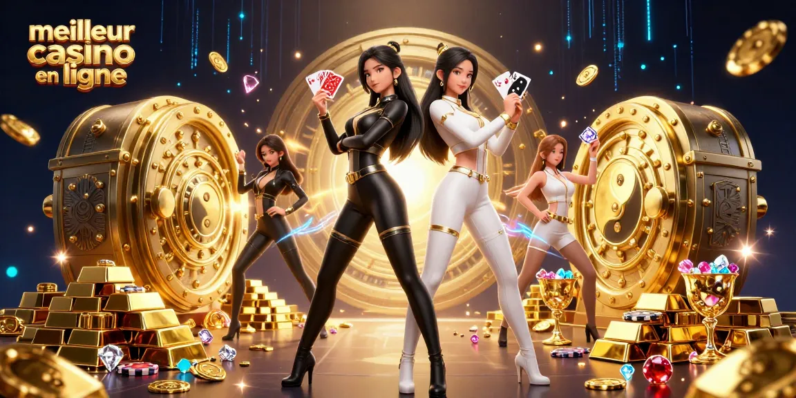 Vivez l'adrénaline au meilleur casino en ligne avec des femmes asiatiques jumelles présentant des cartes parmi des trésors scintillants.