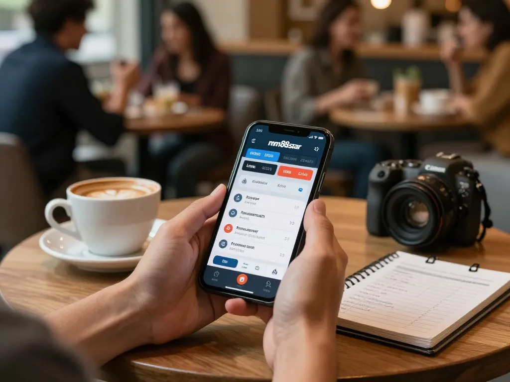 Person engaging with mm88star mobile app for sports betting at a cafe.