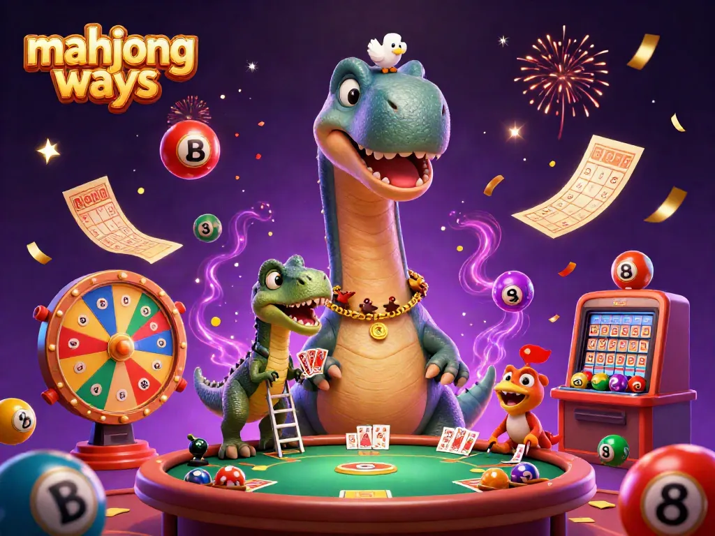Engage in mahjong ways with vibrant casino elements featuring a colossal dinosaur and clever raptor.