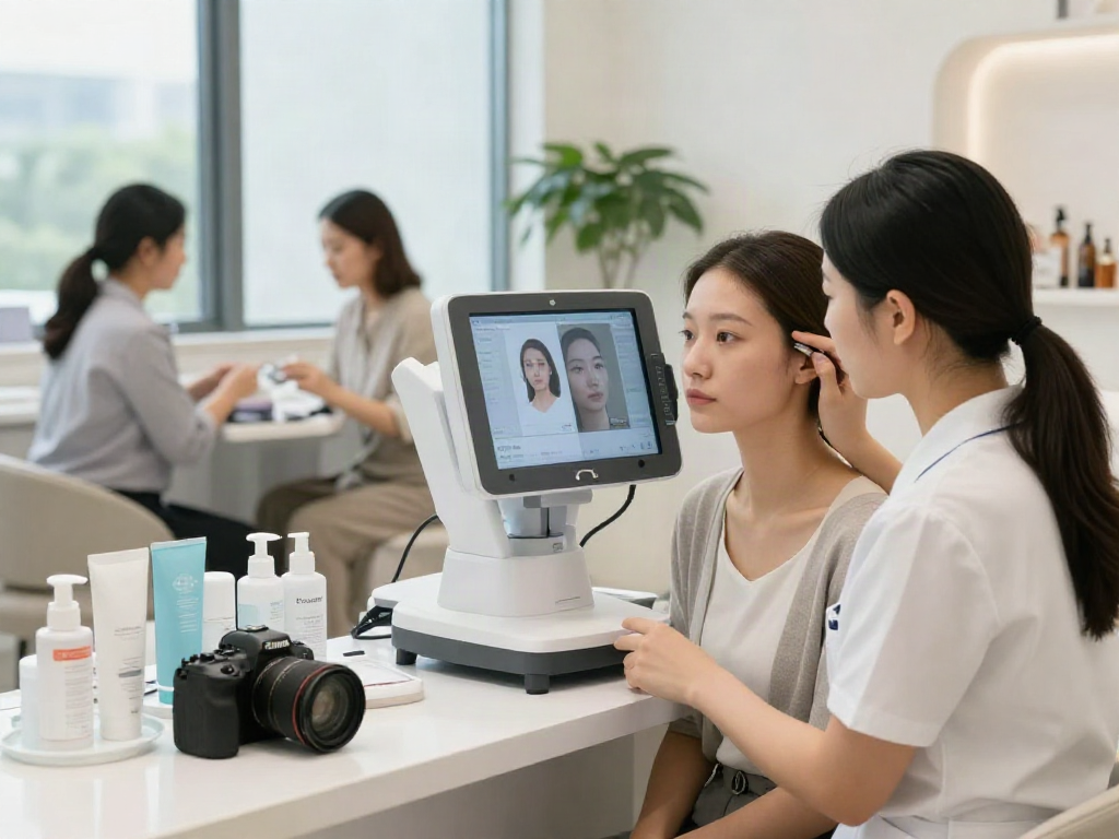 ClinicEvo better than QOVES showcased in a modern beauty clinic with specialists analyzing facial features and personalized recommendations.