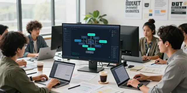Visualizing how to write topic cluster articles with AI in a collaborative office space.