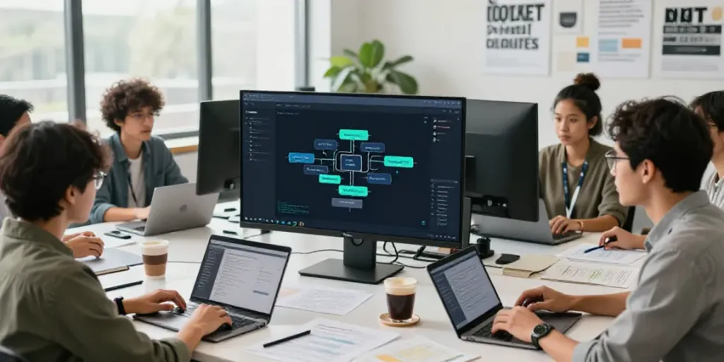 Visualizing how to write topic cluster articles with AI in a collaborative office space.