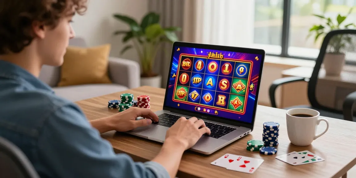 Engaged player exploring online casinos Australia with vibrant pokies on screen, cozy home setting.