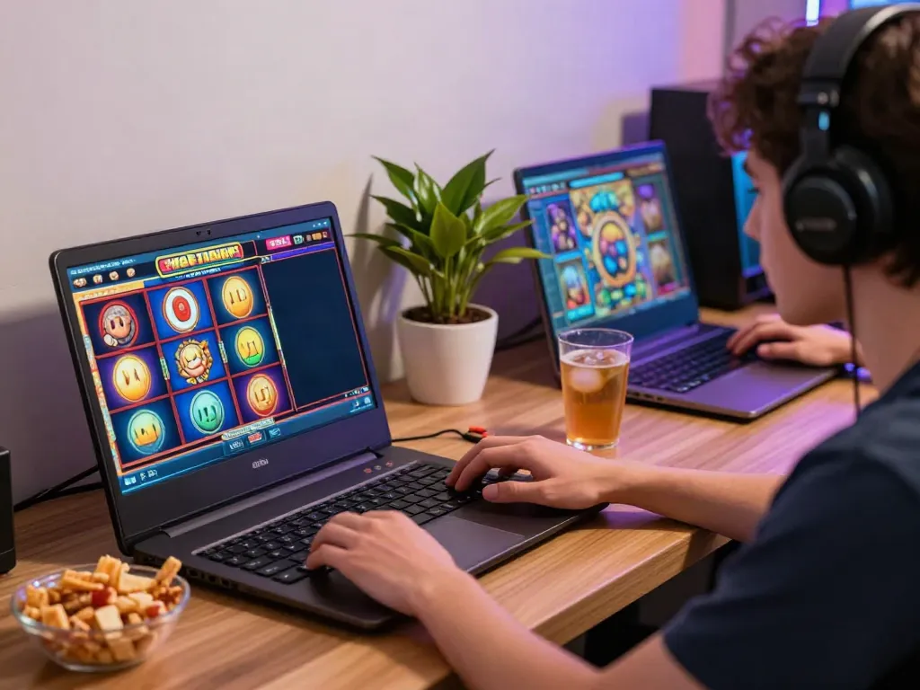 Pengalaman bermain slot online yang menyenangkan dengan laptop dan camilan.