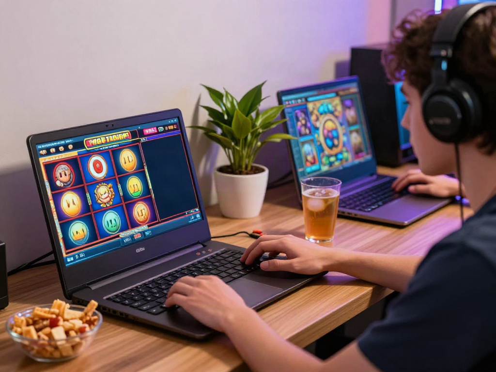 Pengalaman bermain slot online yang menyenangkan dengan laptop dan camilan.